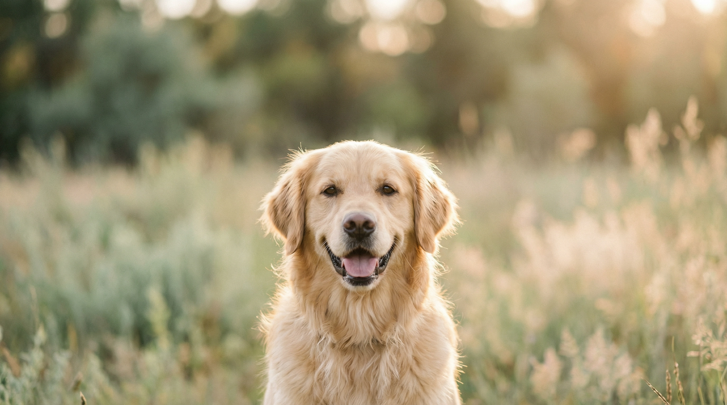 Happy golden retriever dog in a field — Teesside Pet Grooming